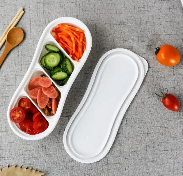 portable 3 compartment divisions round small plastic lunch box with logo