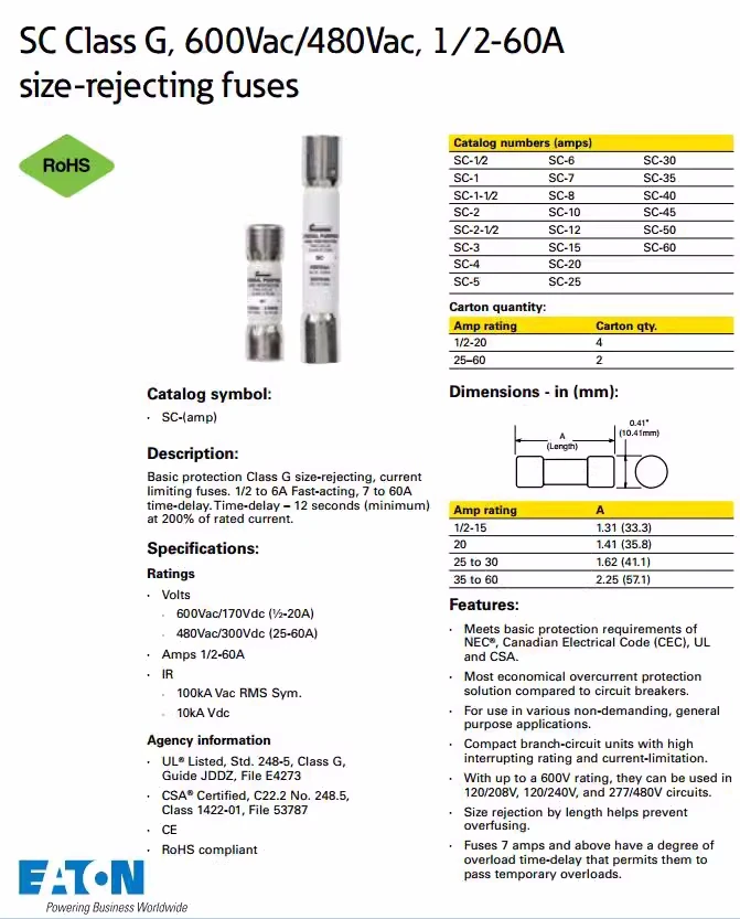 Fuse Class G Slow Blow Acting 480V Holder Cartridge SC-10 SC-20 SC-30 SC-35 SC-40 SC-45 SC-50 SC-60
