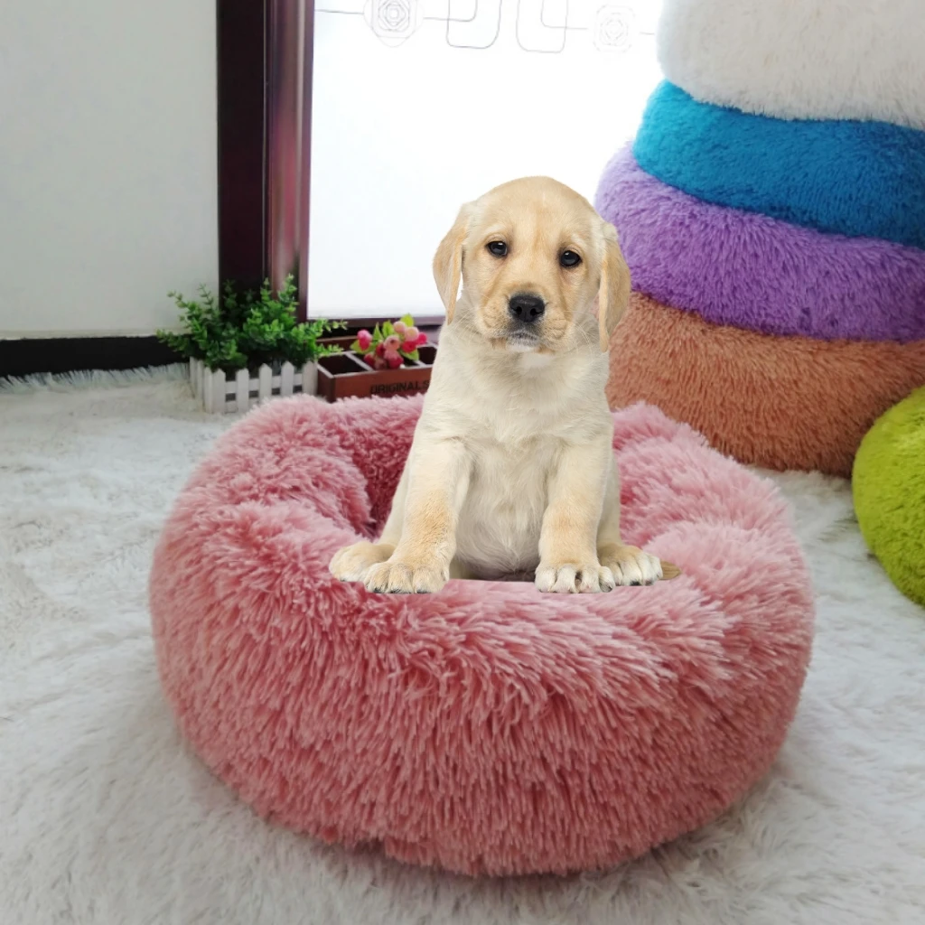Round Plush Long Faux Fur Ultra Calming Cushion Cuddler Donut Pet Bed for Dogs and Cats Dog Beds Eco Friendly Luxury