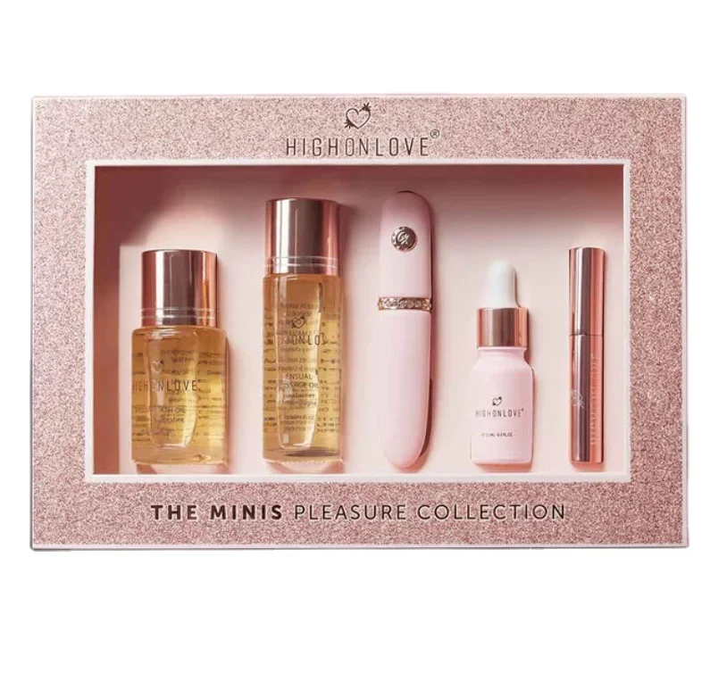 OEM Luxury Rose Gold Glitter Paper Clear PVC Window Cosmetic Carton Collection Gift Paper Box Set with  Flocked Tray