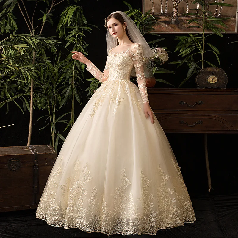 Full Sleeve Classic Champagne Bridal Ball Gown Princess Wedding Bridesmaid Dress