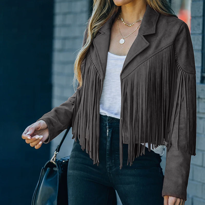 Factory Wholesale Autumn 2022 Long Sleebve Crop Fringe Faux Suede Jacket For Women