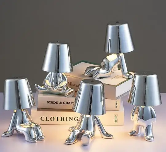 Home Ornament Chrome Bedside Atmosphere Light Silver Led Little Golden Man Table Lamp Rechargeable Collection Thinker Lamp