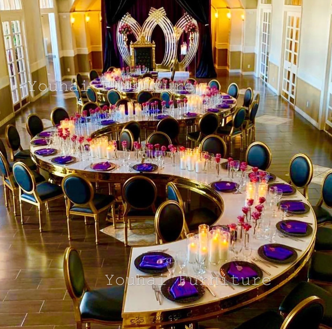 Golden stainless steel frame serpentine round wedding glass top round dining table