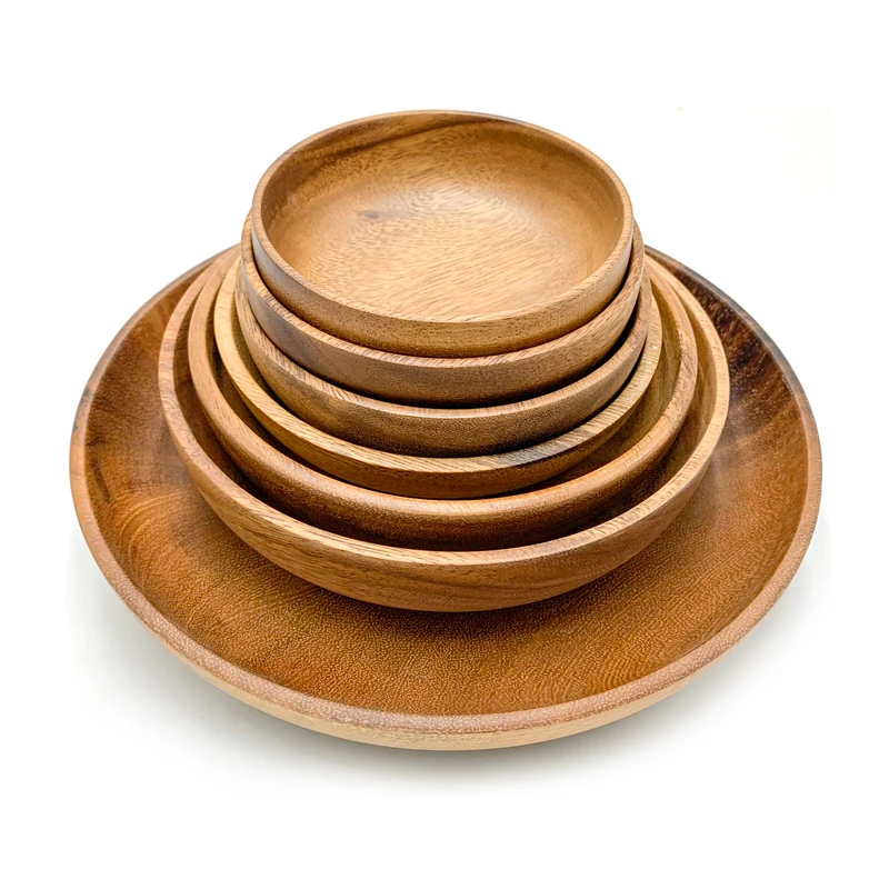 
Household Kitchen Items Accessories Wooden Serving Plate Set Acacia Wood circle Dish And Plate 