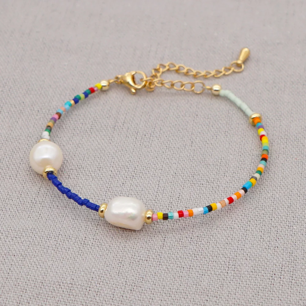 Colorful Delicate Summer Boho Beach Beaded Women Miyuki Jewelry Stainless Steel Tiny Beads Baroque Freshwater Pearl Bracelet