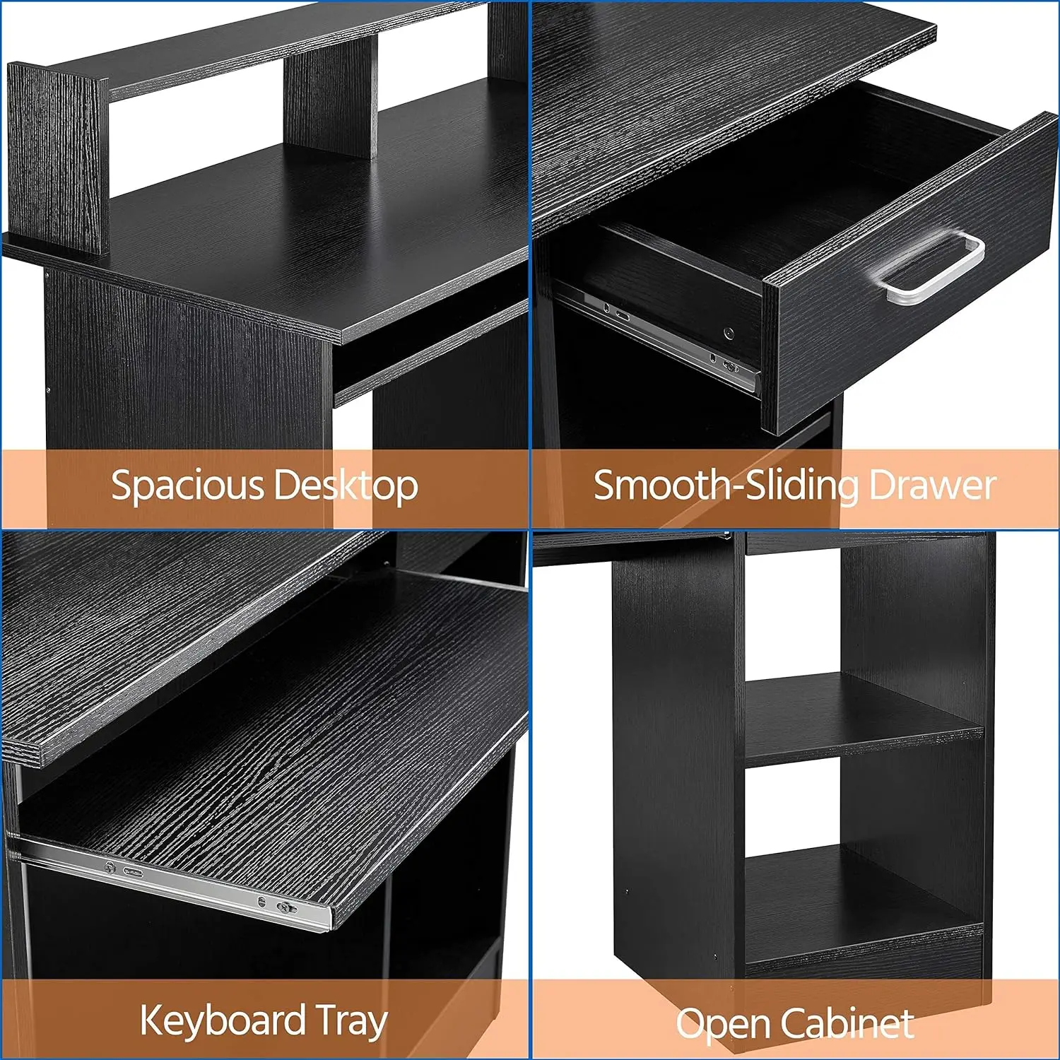 Black Computer Desk with Drawers Storage Shelf Keyboard Tray - Home Office Laptop Desktop Table for Small Spaces