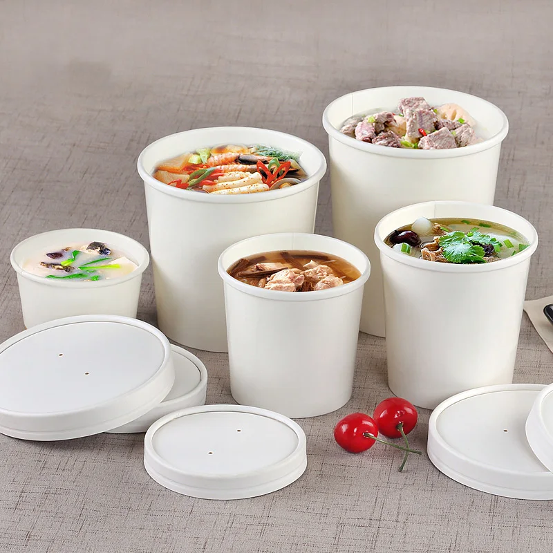 Disposable takeaway food packaging white paper soup packaging cup with lid