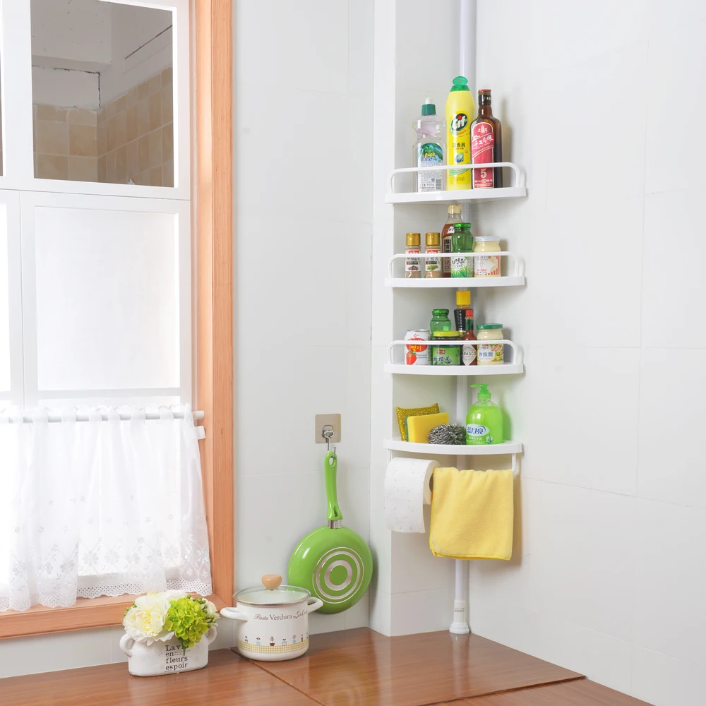 4 Tier Adjustable Bathroom Corner Rack Tension Pole Shower Toilet Storage Shelf With Towel Rod Telescopic Shower Rack