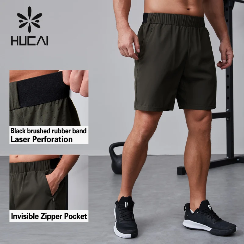 HUCAI custom polyester spandex breathable brushed rubber band invisible zipper active Athletic workout running gym shorts mens