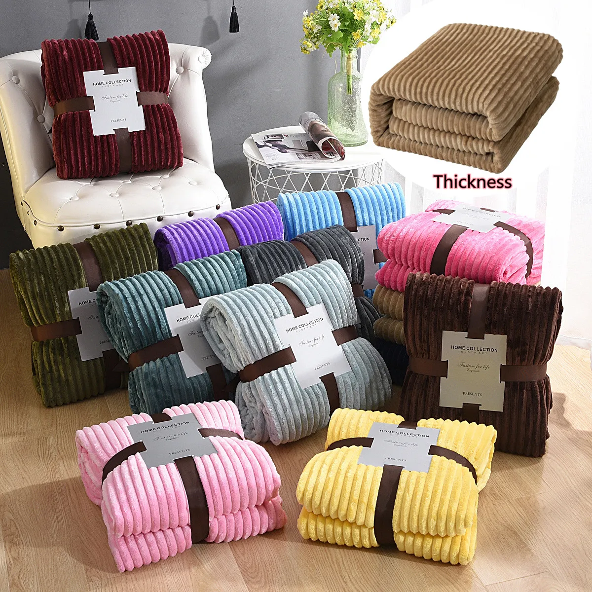 New Magic Fleece Blanket Solid Color Vertical Strip Flannel Blanket Wholesale