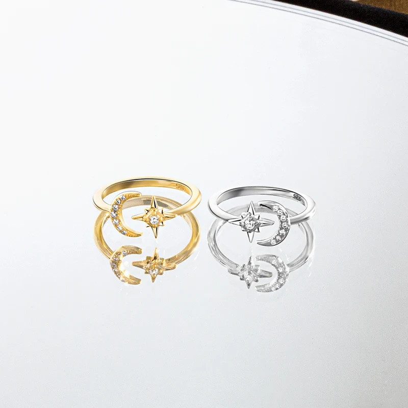 Customized Hot sale 925 silver simple diamond inlaid star moon ring trend single ring