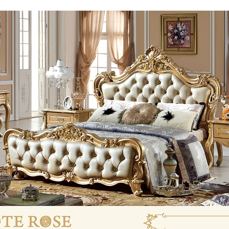 Luxury Italian Bedroom Furniture Set King Size Classic Italian Latest Gold Wooden Bed