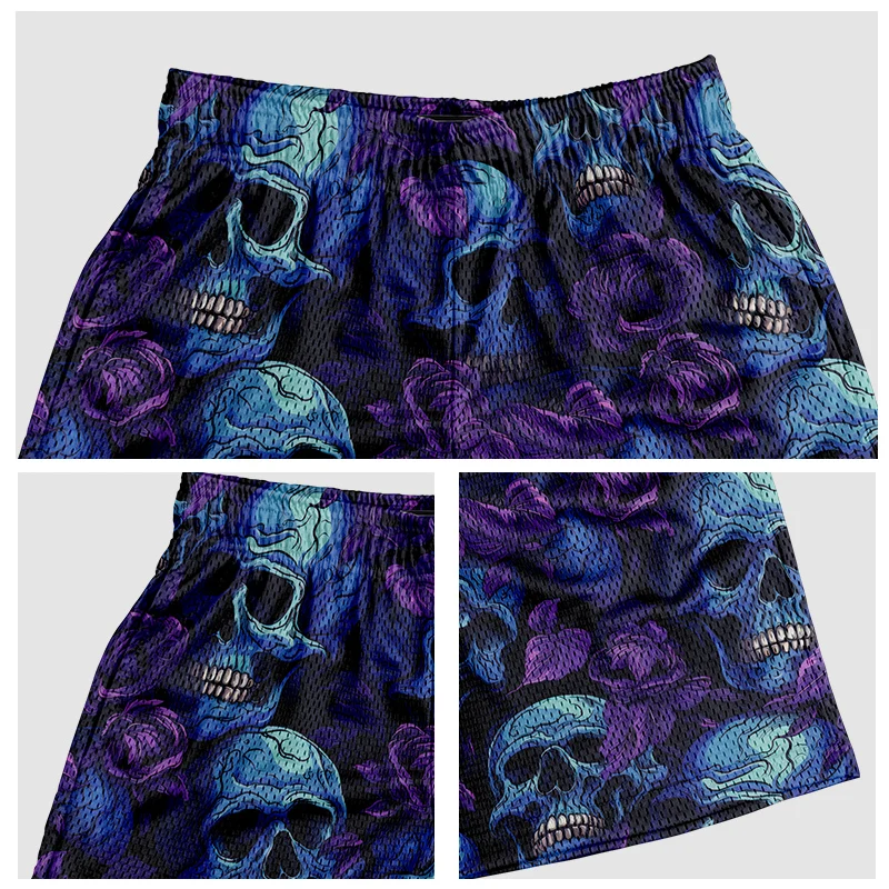 High quality OEM Summer Breathable Mesh Shorts Skull Pattern Sublimated mesh hole shorts mesh shorts