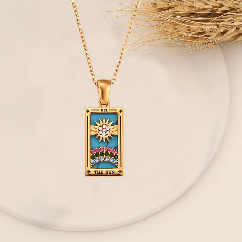Stainless Steel Trendy Crystal Enamel Sun Moon Square Tags TAROT Pendant Necklace