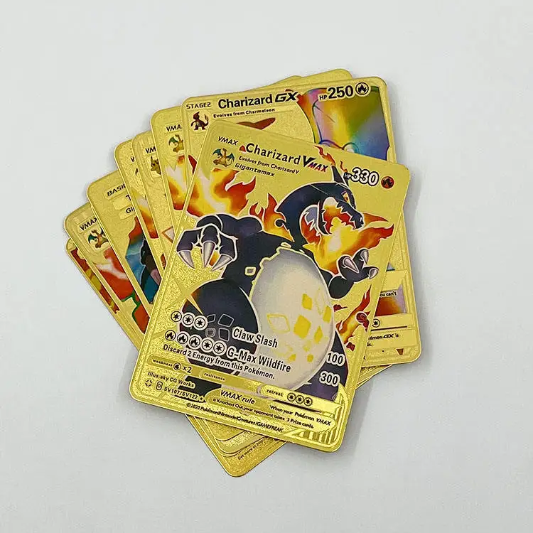 Bozhan High Quality Custom Cheap Wholesale Stainless Steel Metal Gold Game Cards Charizard 1st Pokemoned Cards Vmax