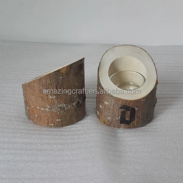 Wood Tree Trunk Tealight Candle Holder with Laser Engraved Logo Home Decoration OEM Size Wholesale