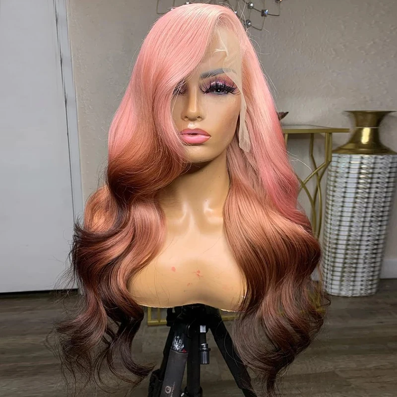 Эффектом деграде (переход от темного к розовый цветные парики 13x6 закрытием кружева фронтальной парики из натуральных волос человеческие бразильские виргинские волосы волнистые волосы парики