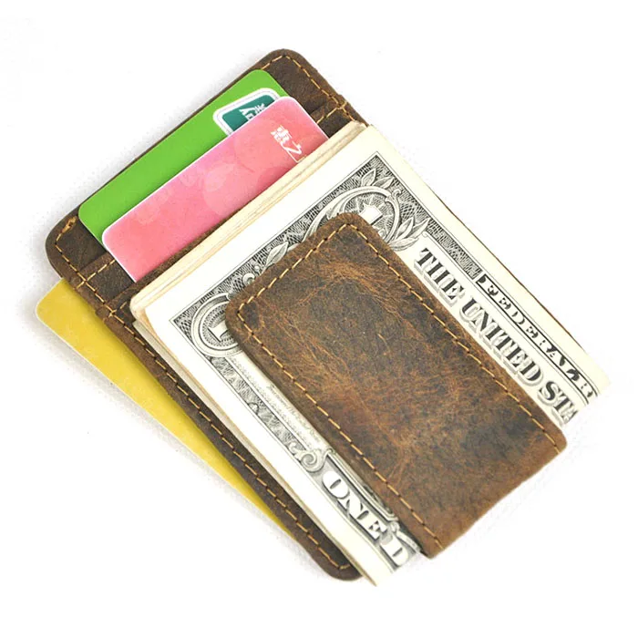 
Bulk Genuine Crazy Horse Leather Men Cool Wallet Card Holder Mini Slim Magnetic Money Clip 
