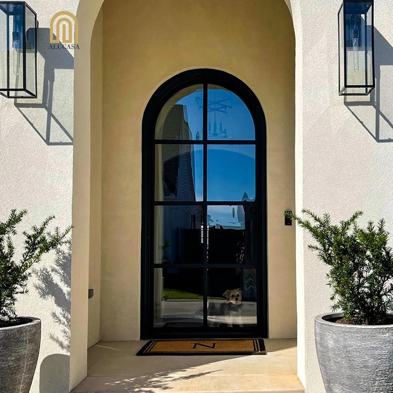 Alucasa Custom Simple Clean Line Modern Steel Arch Door Wrought Iron Metal Thermal Break Exterior Entry Single French Doors