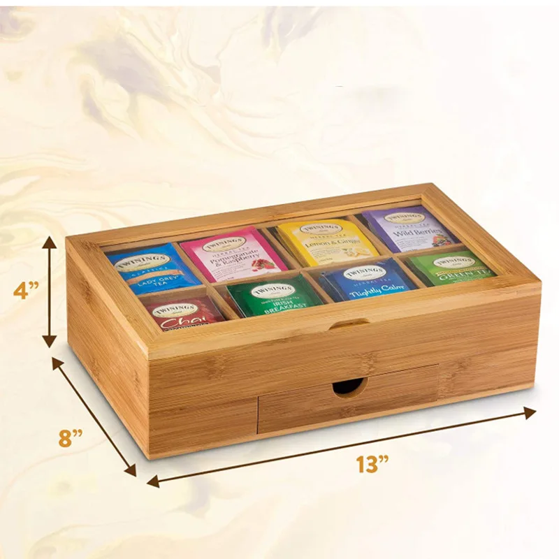 countertop wooden tea box wood chest Premium top tea storage box with lid 8 compartments