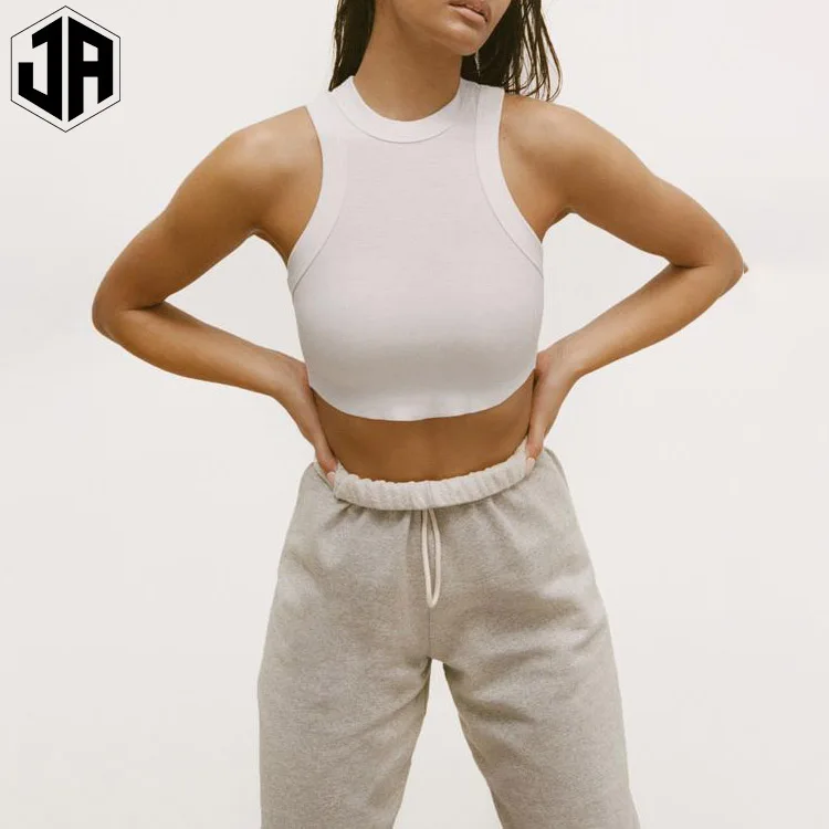Custom Label Design 4 Way Stretched Cotton White Sqaut Proof Ribbed Crop Female Tank Top
