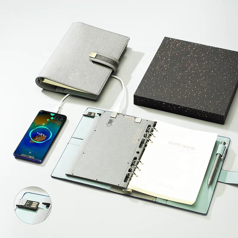 
Gifts built-in pen set planner a5 6 ring smart adapter usb memory charging pu leather designs diary power bank notebook binder 