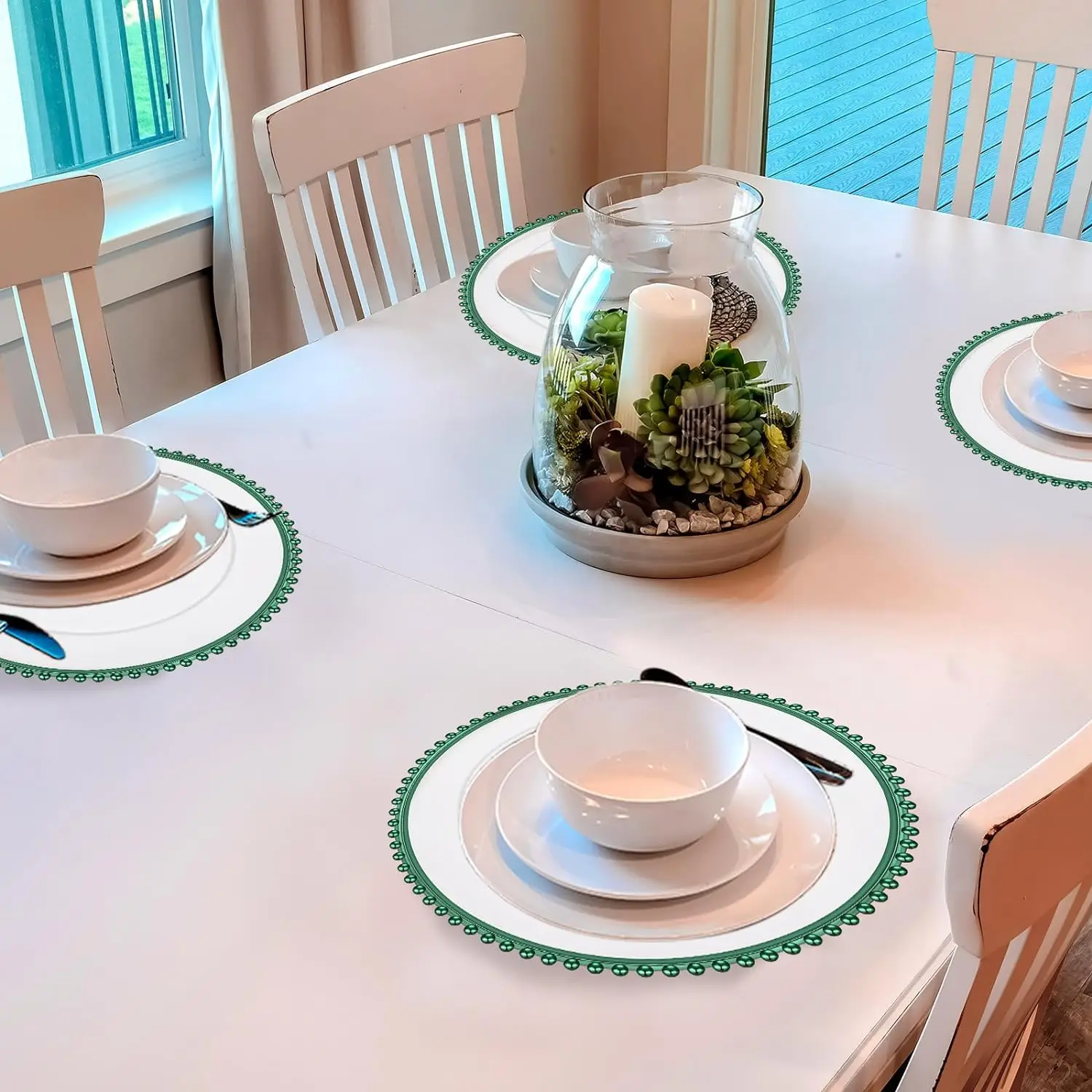 Clear Charger Plates 13 Inch Plastic Round Dinner Plates with Beaded Rim Dinner Table Decorative Plates (Dark Green)