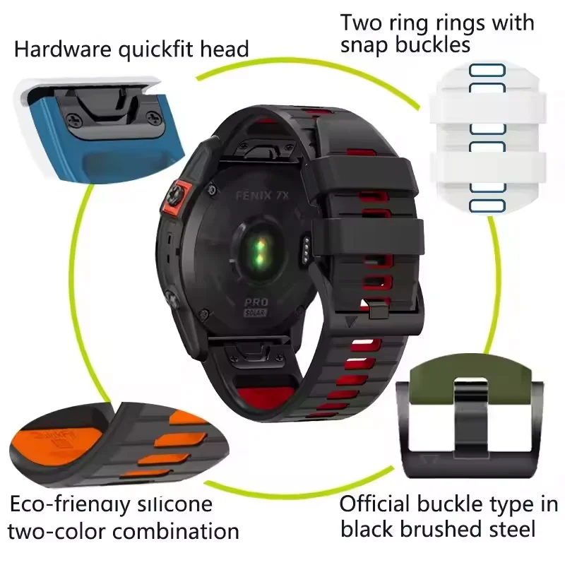 22mm 26mm Quick Release Double Colors Silicone  Watch Silicone for Garmin Fenix7x/7xpro/6x/5x Fenix7/7pro/6
