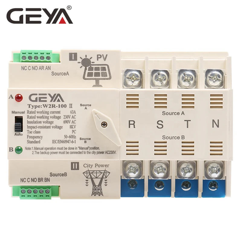 Новый автоматический переключатель GEYA на Din-рейку для солнечной энергии 4P 63A AC 220 В W2R ATS