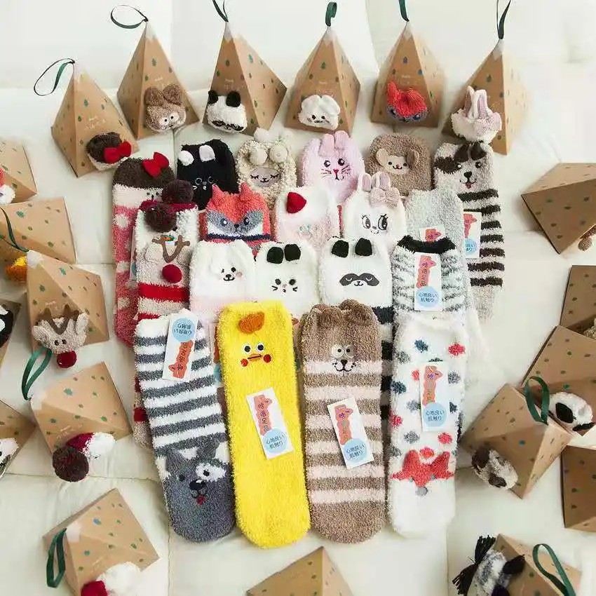 Special Holiday Christmas sock with Gift Box woman Girls Soft Fuzzy 3d Cute Animal Sleeping winter Warm slipper socks