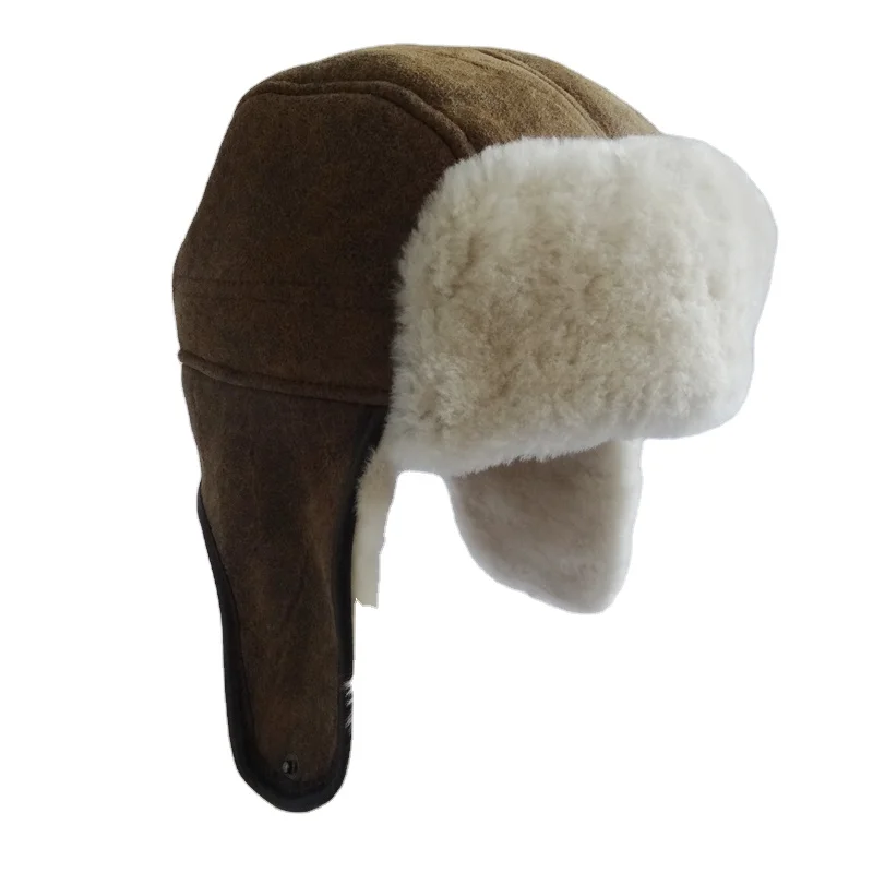 custom promotional women trooper hat wholesale warm fur trucker double face shearling sheepskin Winter trapper Ushanka hat