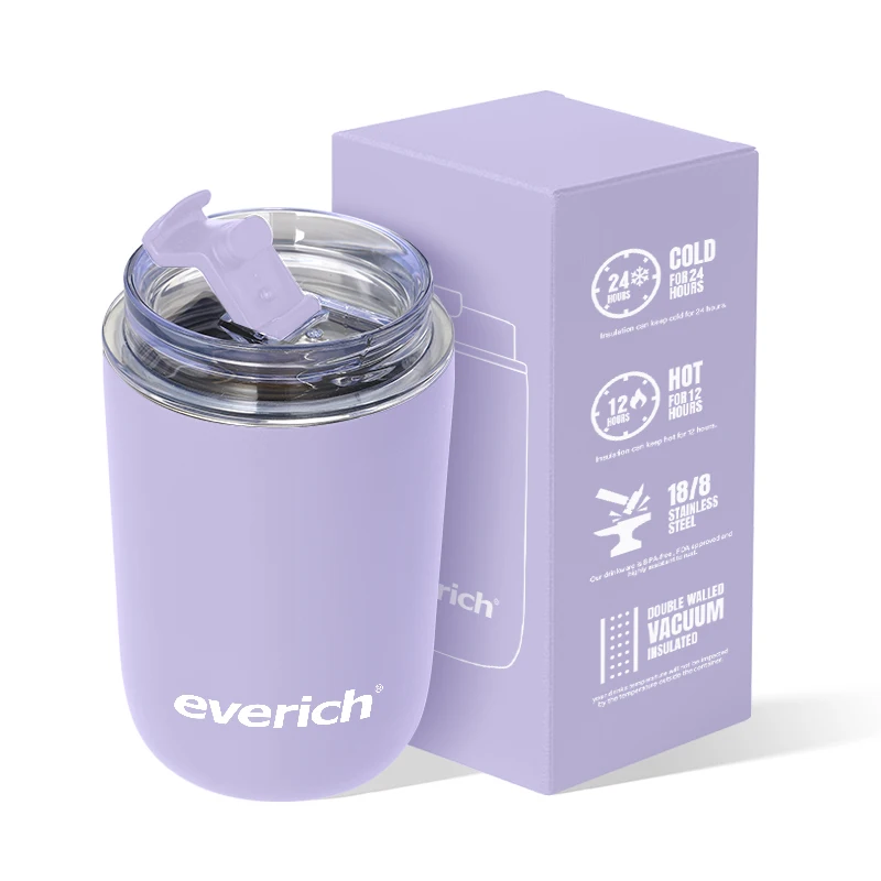 Everich 280ml Keep hot Custom logo double wall 304 Stainless Steel travel coffee cup with leak proof lid with infuser