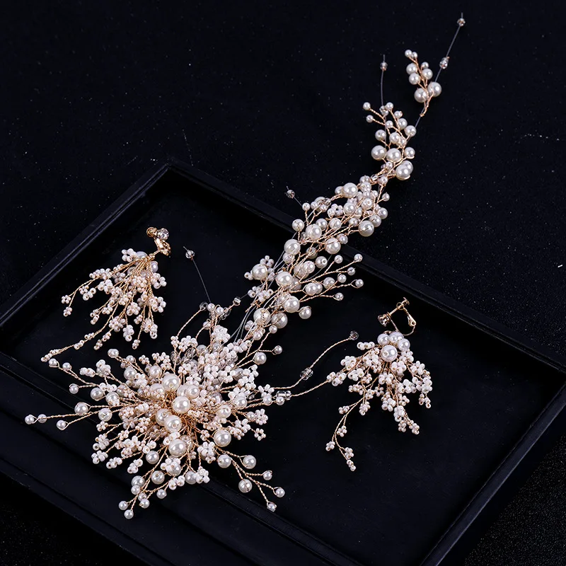 3 Pcs/set Fashion Women Long Crystal Pearl Hair Band Earrings Set Bride Wedding Dress Accessories Headwear Earring Pendent