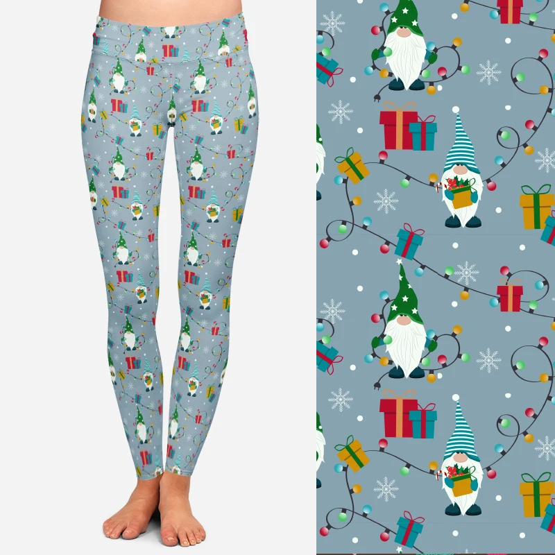 New arrival gray color buttery soft christmas gnomes lights ornament christmas leggings for women