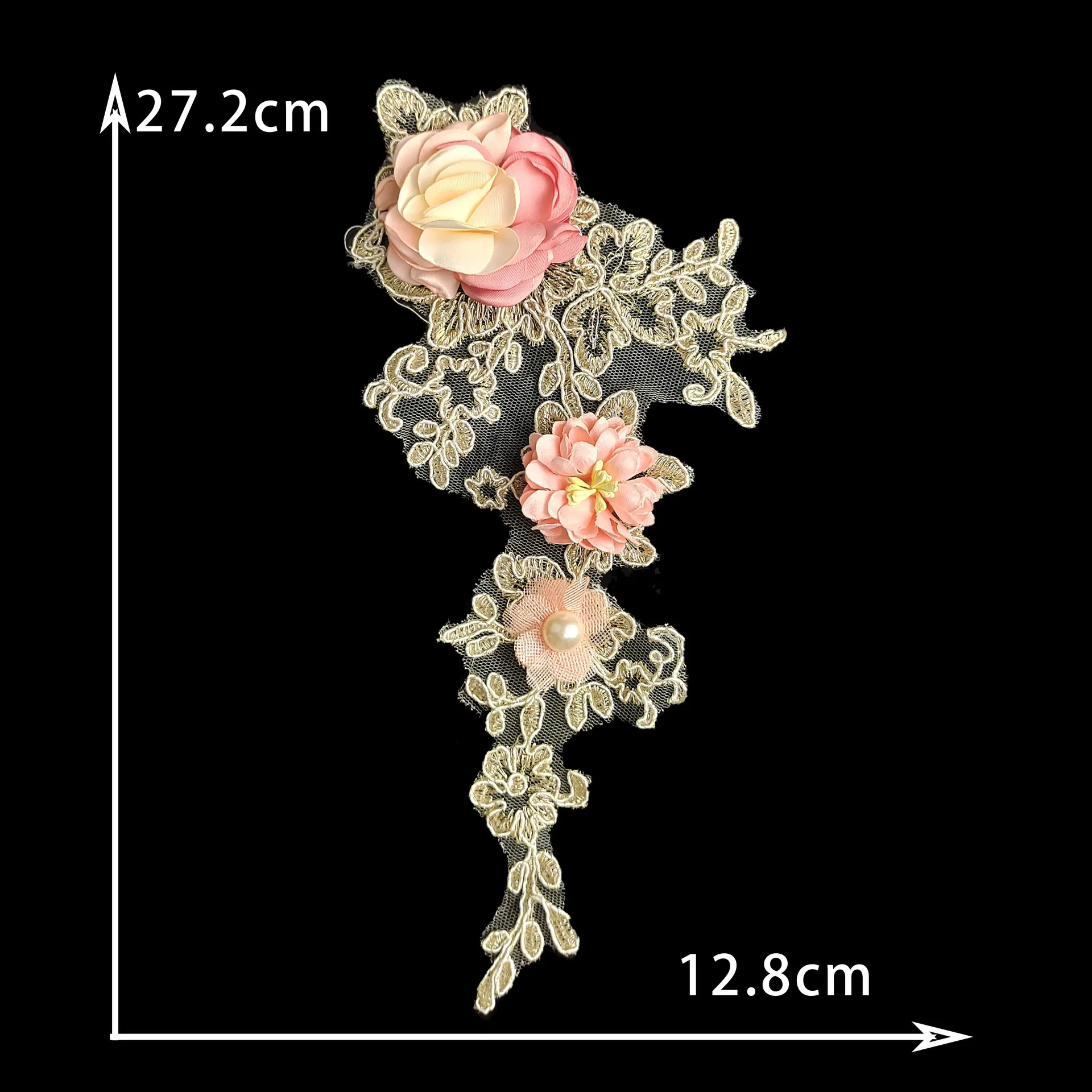3D Gold Flower ABS Pearl Beaded Embroidery Patch Mesh Fabric Sew Wedding Dress Applique