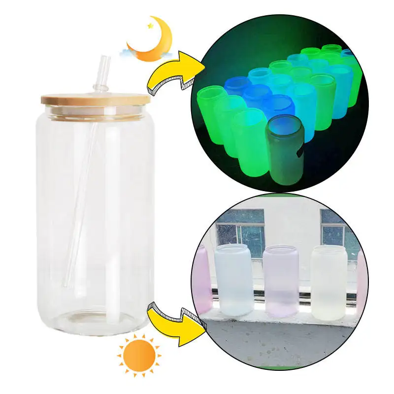 USA warehouse 16oz sublimation Uv Color Change Glass frosted Can Shaped Tumbler CupWith Bamboo Lid Drinking Glass Cups
