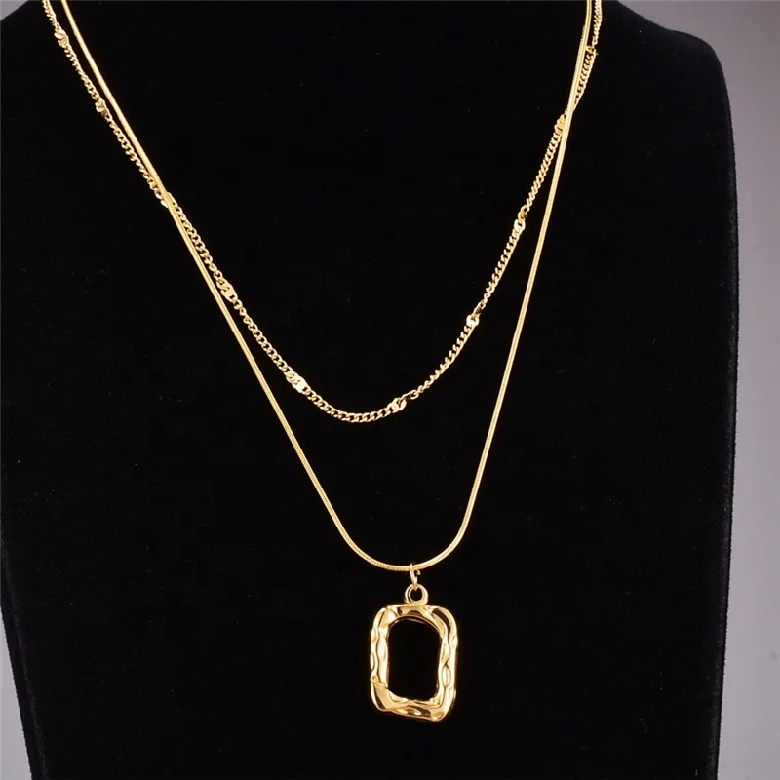 Trendy Jewelry Double Layer Round Snake Chain Hollow Square Charm Plated 18k Gold Stainless Steel Choker Necklace