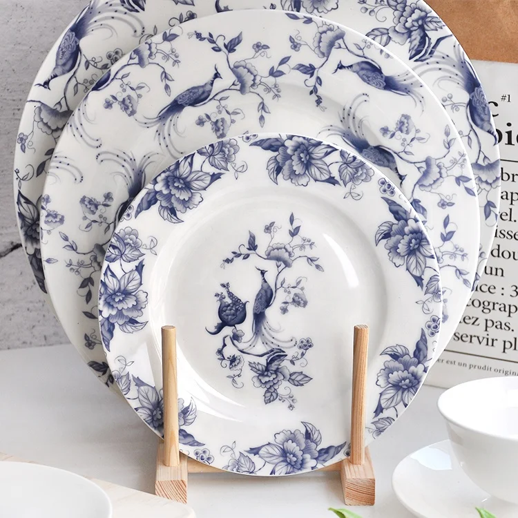 
Western dinnerware set ceramic blue white round dinner plates for restaurant 