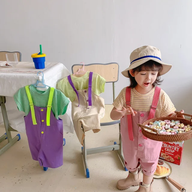 KS3865 Nice colors girls two piece overalls cotton summer girls t shirt and suspender shorts set