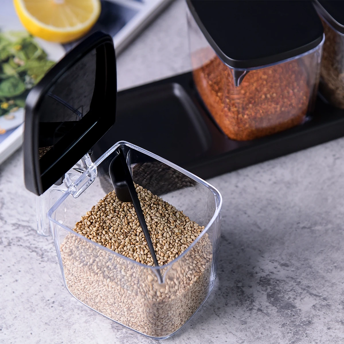 Seasoning Organizer Box Set Clear Seasoning Box 4 Spice Jars Condiment Containers With Lids Tray Seasoning Organizer For Salt