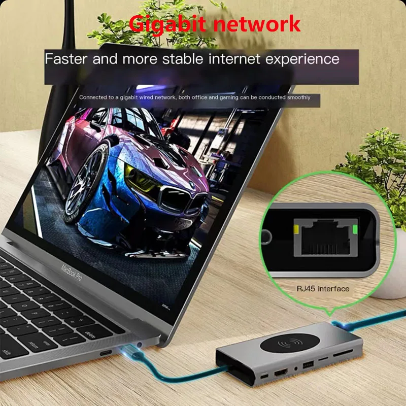 USB C Laptop Docking Station Dual Monitor, 14 in 1 USB C Hub Multiport Adapter Dongle with 2 HDMI, DisplayPort, RJ45, SD/TF