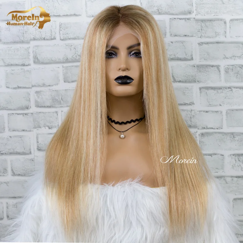 
HD natural pre plucked silk base 27 13x6 100% cheap lace front ombre straight human hair wigs brown blonde highlight wig 