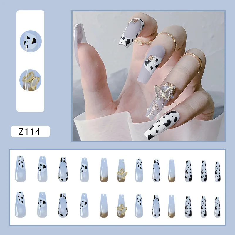 Custom Full Cover Cow Print Press On Nails French Design Long Ballet 3D Butterfly Coffin False Nails
