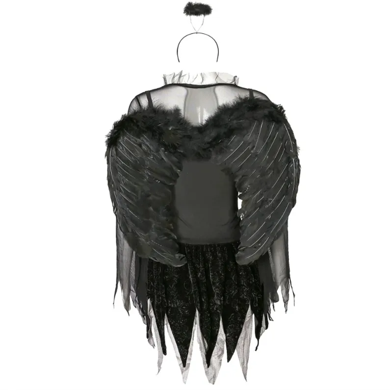 Black Fallen Dark Angel Halloween Woman Fancy Dress Costume with Halo and Wings