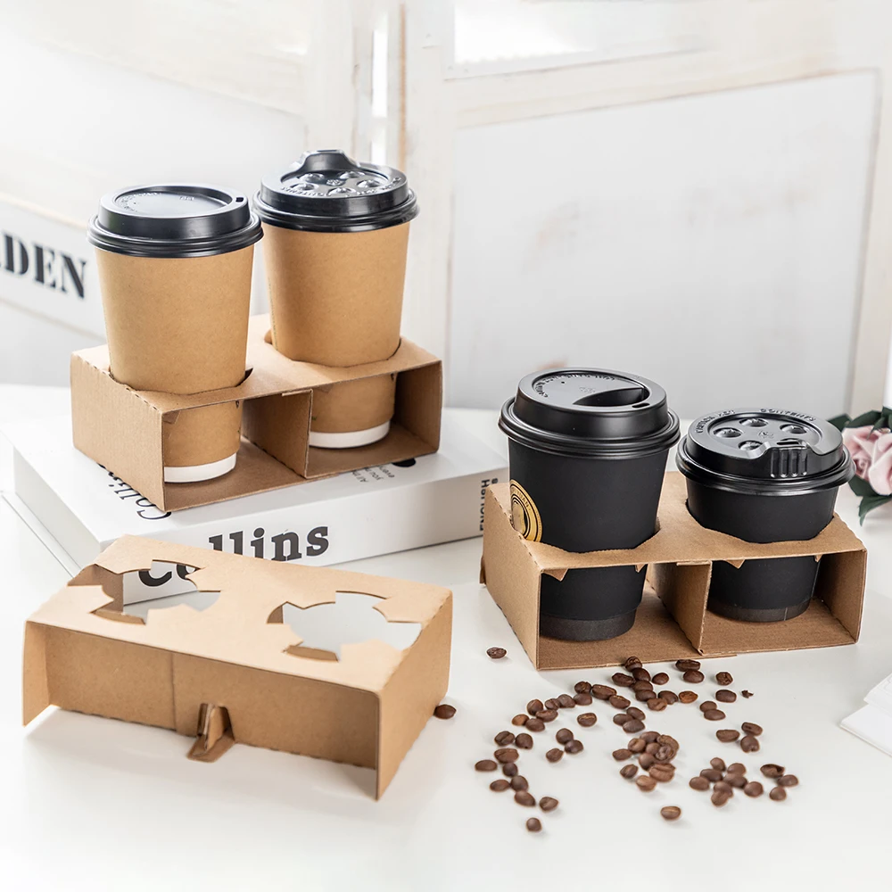 LOKYO custom cardboard beverage holder brown takeaway paper carrier tray disposable kraft paper cup holder