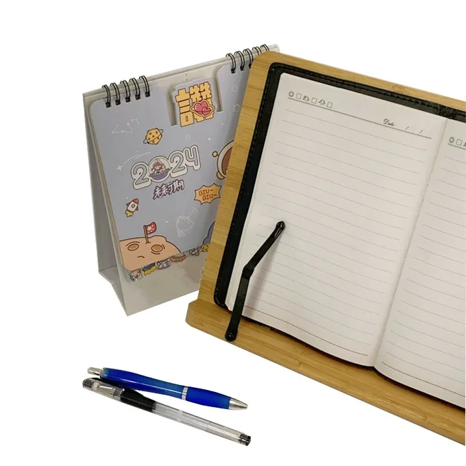 Addreen natural bamboo portable adjustable table book tray holder recipe book holder bamboo book stand  with Page Paper Clips