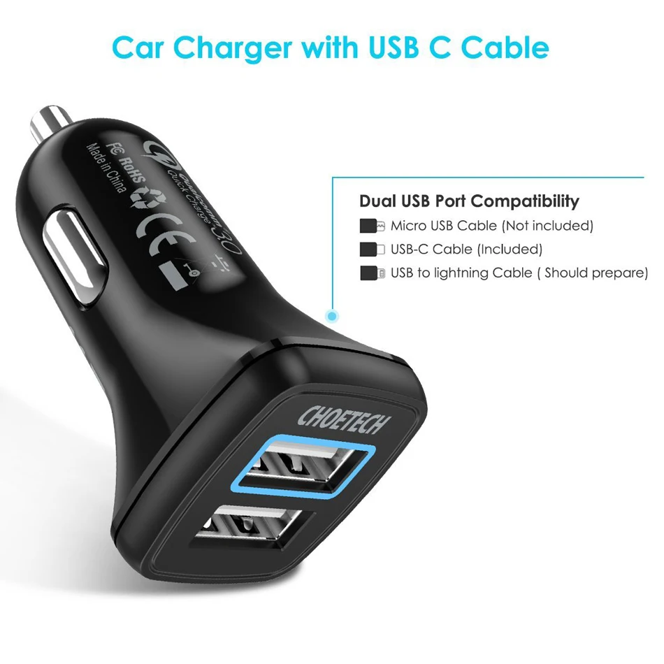 Автомобильное зарядное устройство CHOETECH 30 Вт с двумя USB-портами для iPhone 11 Pro быстрая зарядка 3 0 автомобильное QC мобильного телефона Huawei Samsung Xiaomi