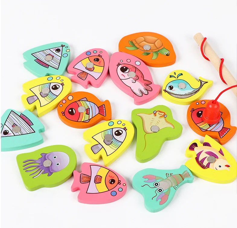 2023 Pink Wooden Magnetic Ocean Fishing Toy Game & Jigsaw Puzzle Board Juguetes Fish Magnet Toy