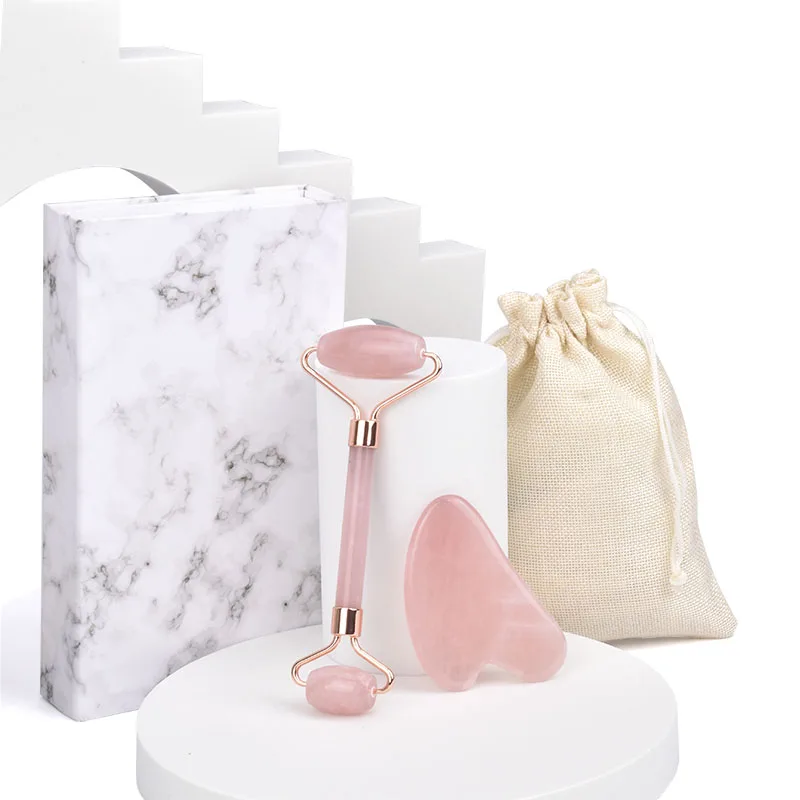 Factory Supply  High Quality  Gemstone Face Roller Pink Roller Gua Sha  Ser Real Jade Roller Rose Quartz  For Face Massage